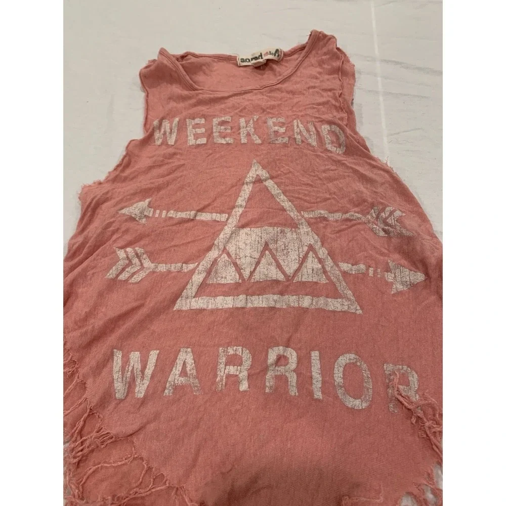 So Rad by A Weekend Warrior XS Pink Cotton Distressed Fringe Festival Tank Women